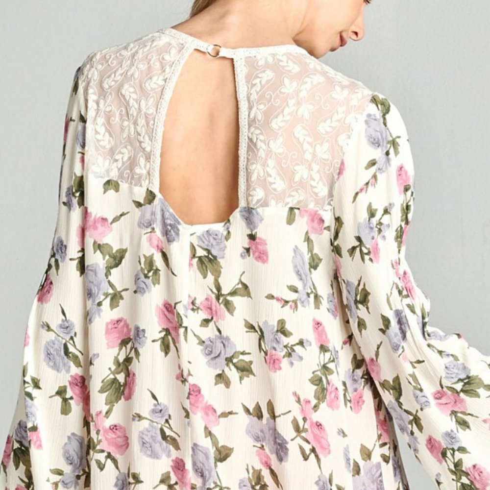 NEW Cream Pink Lilac Floral Lace Inset Tunic Top - Picture 8 of 12